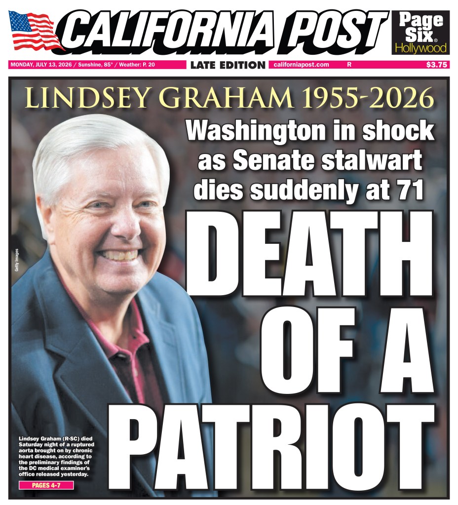 Newspaper headline announcing the death of Lindsey Graham in 2026.