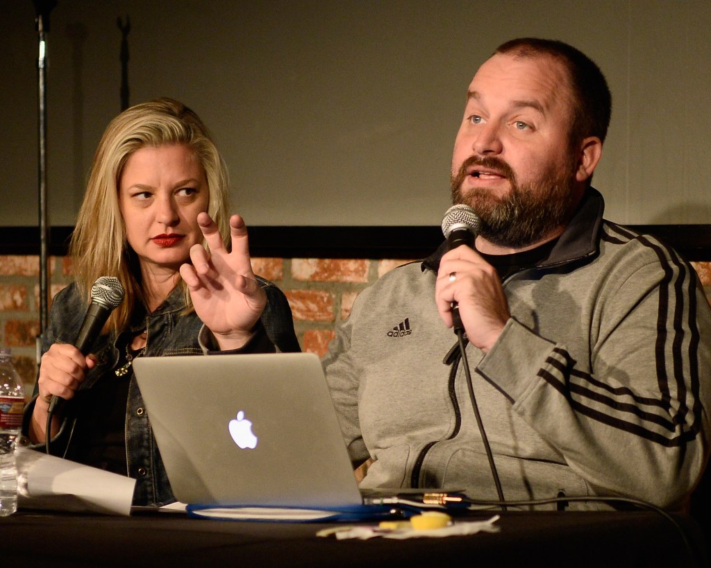 Comedians Christina Pazsitzky and Tom Segura performing their "Your Mom's House" podcast at The Ice House Comedy Club.